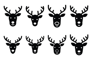reindeer face simple vector icon set. christmas silhouette icons on black color and white background.