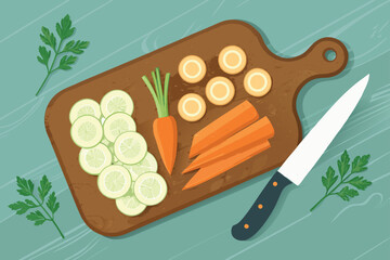 Top-down view of a chopping board with sliced vegetables.