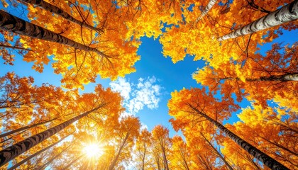 Looking Up Through Golden Birch Trees Against A Clear Blue Sky With Bright Sunlight Filtering Through Autumn Foliage
