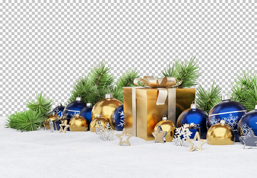 Isolated Golden and Blue Christmas Scene with Decorations, Gifts and Baubles on Snow