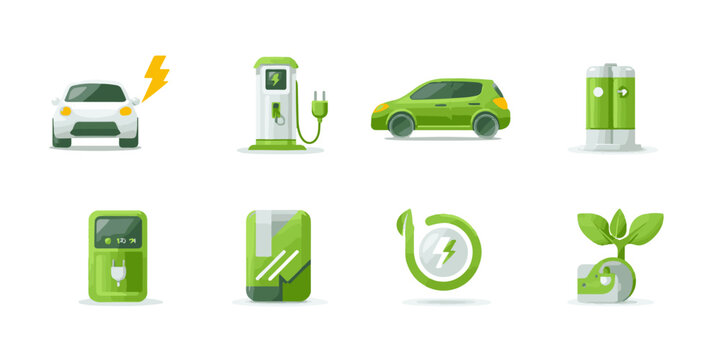 Collection of icons representing electric vehicles charging and sustainable energy concepts