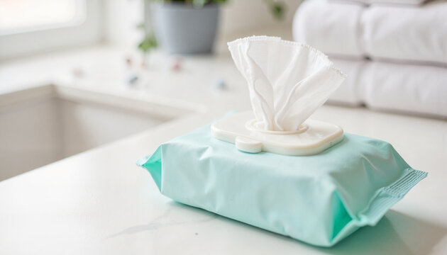 Open baby wipes pack on changing table, hygiene and cleanliness concept