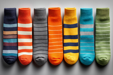 A colorful array of socks with various stripe patterns displayed against a neutral surface, emphasizing style and comfort.