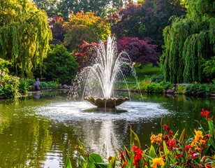Scenic shot of a water fountain in a colorful botanical garden