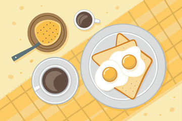 Top-down view of breakfast prep eggs, pans, and ingredients.