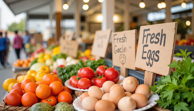 Vibrant produce display at farmer's market stall, fresh community spirit