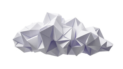A complex, abstract origami sculpture crafted from white paper, forming a multi-faceted, geometric cloud-like shape with sharp folds and varied textures. background removed