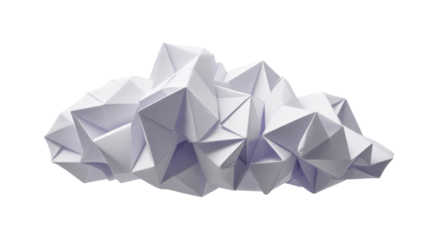A complex, abstract origami sculpture crafted from white paper, forming a multi-faceted, geometric cloud-like shape with sharp folds and varied textures. background removed