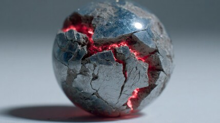 Cracked luminous orb, cosmic phenomena unleashes crimson glow, evokes Earth Day revitalization, reminiscent of mystical Volcanalia whispers