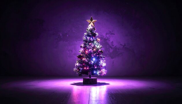 Decorated Christmas tree with multicolored lights against a purple backdrop, illuminating the floor