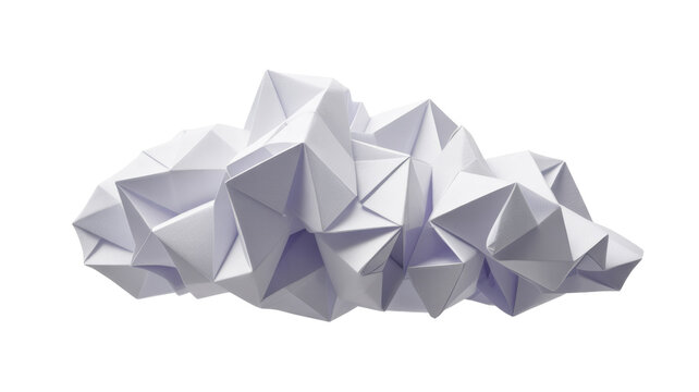 A complex, abstract origami sculpture crafted from white paper, forming a multi-faceted, geometric cloud-like shape with sharp folds and varied textures. background removed
