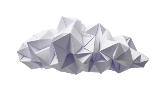 A complex, abstract origami sculpture crafted from white paper, forming a multi-faceted, geometric cloud-like shape with sharp folds and varied textures. background removed - Powered by Adobe