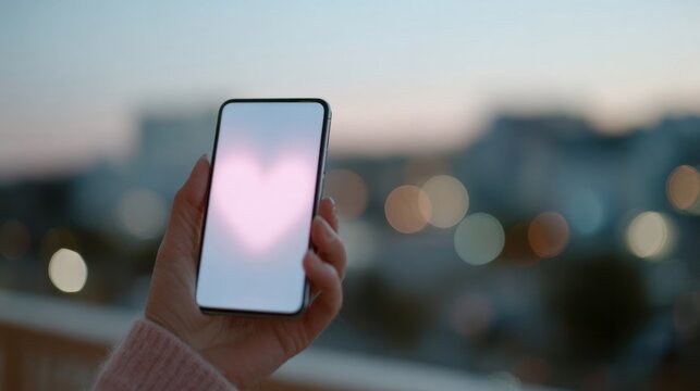 A soft-lit screen glows heart-shaped under twilight, connecting distant lovers, Global Love Day whispers digital romance - Powered by Adobe
