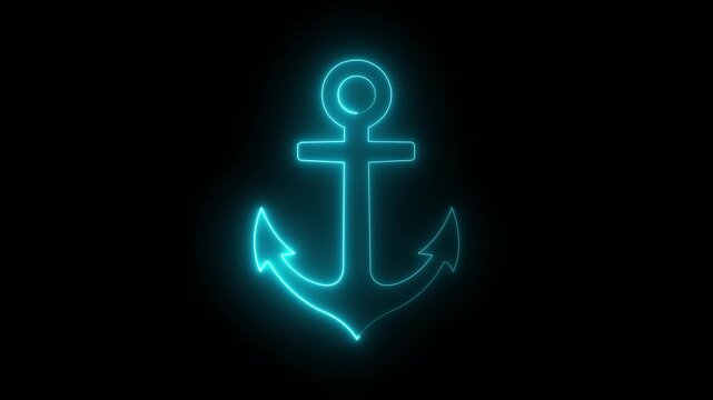 Glowing neon Anchor icon isolated on black background. Anchor Icon animation. symbolizing maritime themes, ship stability and ocean navigation. Ideal for nautical content, travel video motion graphic.
