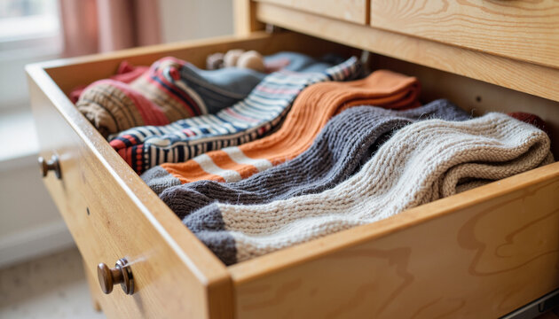 Colorful wool socks neatly arranged in wooden drawer, cozy comfort