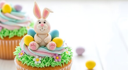 A delightful Easter cupcake decorated with a cute fondant bunny sitting happily on top of a swirl of pastel-colored frosting
