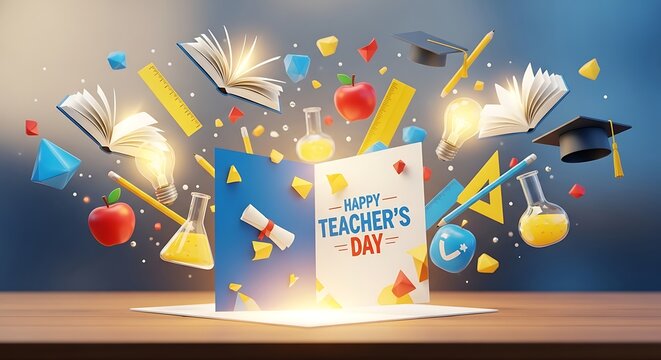 A modern digital-style illustration showing a Teacher’s Day card on a desk, surrounded by floating educational icons like books, light bulbs, rulers, and graduation caps