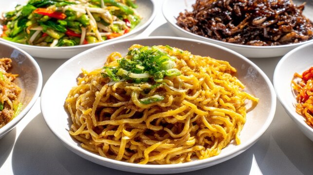 Golden noodles bask in sunlight, flanked by vibrant veggies, perfect for Lunar New Year feast or a multicultural potluck