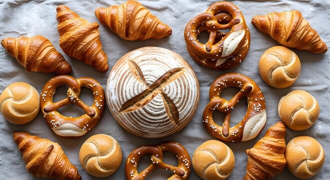 Top-down flat-lay of various bakery goods&mdash;croissants, sourdough, pretzels, and buns&mdash;arranged on a linen cloth with dusted flour