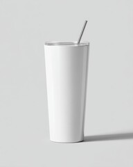 Blank Tall Cup with Straw on Simple Background for Customization