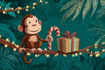 Jungle Holiday: A cheerful monkey sits on a glowing branch with a striped candy cane and a gift in a festive jungle setting.