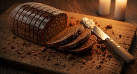 Rustic dark rye bread sliced on a wooden cutting board with crumbs and butter knife