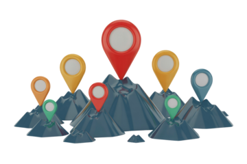 Colorful 3D map pins mark various locations on stylized blue mountains against a transparent background, symbolizing navigation and points of interest. background removed