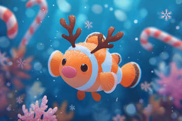 Festive ocean friend: A clownfish adorned with reindeer antlers amidst snowflakes and candy canes in a wintery underwater scene.