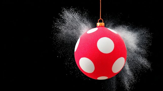 Vibrant red ornament with white polka dots suspended against a black background, surrounded by a cloud of white powder, creating a festive and playful atmosphere for holiday decorations and celebratio