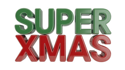 Vibrant 3D text spelling 'SUPER XMAS' in festive green and red, set against a solid deep transparent background. background removed