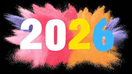 Colorful powder explosion creating vibrant numbers 2026 against a dark background, showcasing dynamic movement and energy, symbolizing celebration and the arrival of a new year with excitement and joy