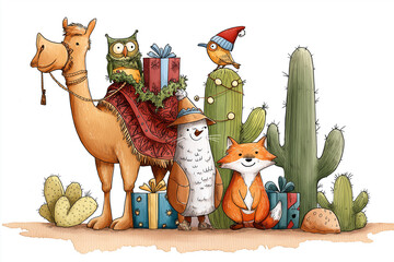 Festive desert friends: camel, owl, bird, mushroom-creature, and fox celebrate with gifts and cacti in a holiday scene.