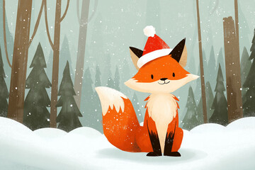 Charming fox wearing a festive hat sits amidst a snow-covered forest, creating a scene of seasonal woodland charm.