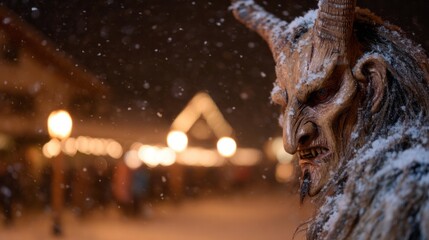Snow-dusted Krampus in wintry alley, eerie Alpine folklore echoes, mysterious Yuletide mischief, ancient Celtic-Slavic whispers