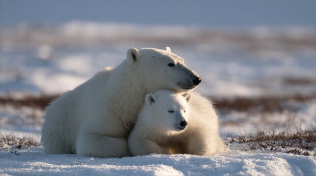 Mother polar bear envelops her cub in a frosty tundra embrace, celebrating Arctic National Wildlife Refuge Day and International Bear Day