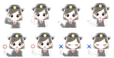 女性駅員のかわいい水彩風イラストセット