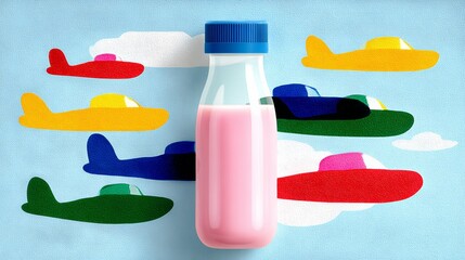 Colorful illustration featuring a bottle of pink milk in the foreground, surrounded by playful, vibrant airplanes flying against a bright blue sky with fluffy white clouds, evoking a sense of whimsy a