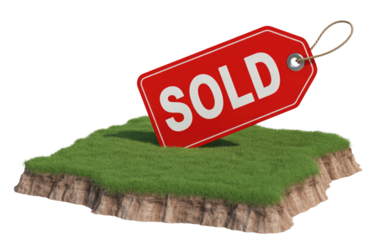 A prominent red 'SOLD' tag is embedded in a vibrant green grassy land plot, signifying a completed property or land transaction. background removed