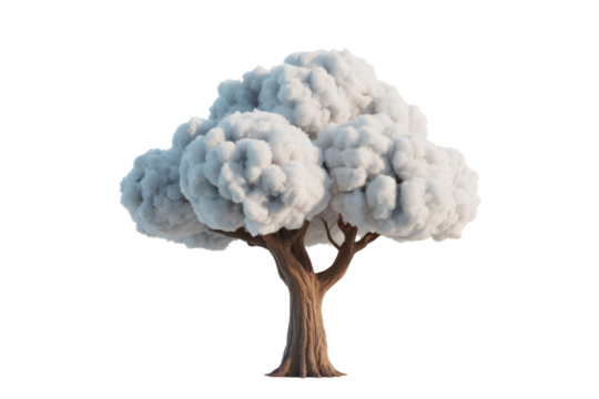 A stylized tree with a textured brown trunk and fluffy, white, cloud-like foliage resembling snow or cotton, on a solid transparent background. background removed - Powered by Adobe