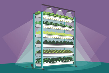 Vertical farming system with layered crops under artificial light.