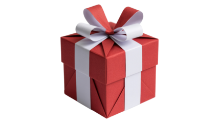 A festive red gift box with a white and red striped ribbon and a matching bow, perfect for any celebration. background removed