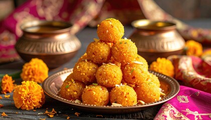 Golden Laddu Sweet Balls Stacked High on a Plate Surrounded by Marigolds and Brass Urns