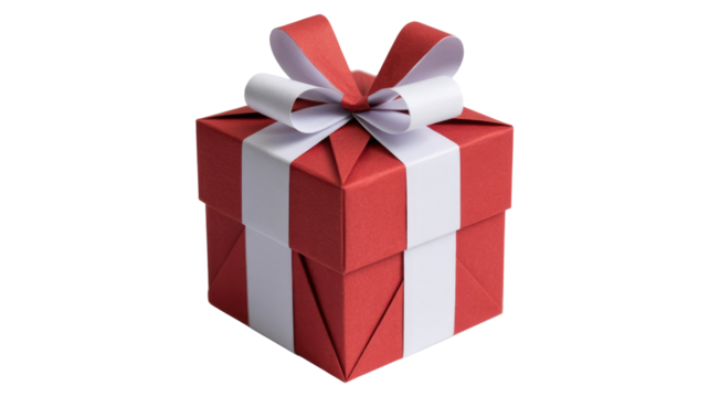 A festive red gift box with a white and red striped ribbon and a matching bow, perfect for any celebration. background removed - Powered by Adobe