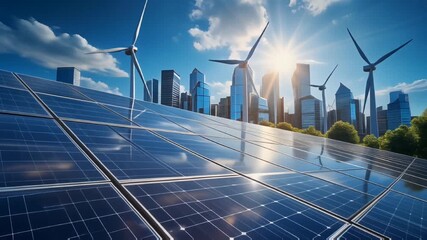 Solar panel array and wind turbines set against a backdrop of a modern city skyline on a bright day - Powered by Adobe