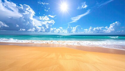 Golden Sandy Beach Shoreline With Turquoise Ocean Waves Under A Bright Sunny Sky With Fluffy Clouds And Sunburst Lighting