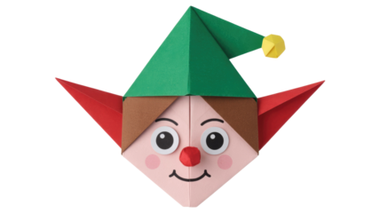 Charming origami elf head with a green hat, pointy red ears, a smiling face, rosy cheeks, and a small red nose. background removed