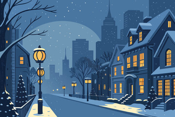 Glowing winter city street covered in snow at night.