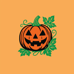 Happy halloween jack o lantern pumpkin with green leaves and swirls