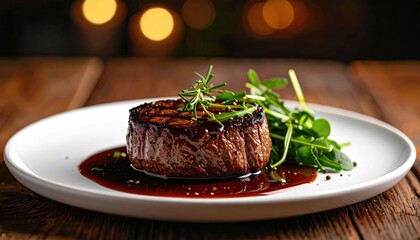 Gourmet Beef Fillet Mignon Steak Served with Fresh Greens and Rich Sauce on a White Plate Illuminated by Soft Ambient Lighting with Bokeh Background
