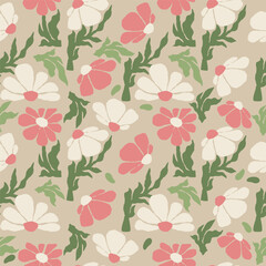 Groovy Floral Seamless Pattern. Abstract Folk Flower. Matisse curves Aesthetic. Organic Ornament in naive retro hippie 60s 70s. Vector square Illustration. Not AI